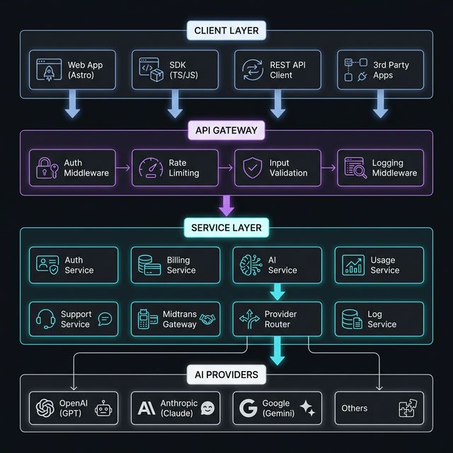 Exnest System Architecture - Client Layer, API Gateway, Service Layer, AI Providers
